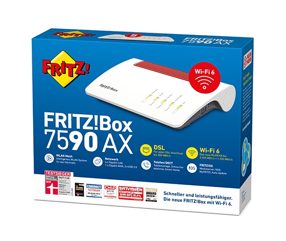 AVM FRITZ!Box 7590 AX - Wireless Router - mit ISDN! (S0) - DSL-Modem - 4-Port-Switch - GigE - 802.11a/b/g/n/ac - Dual-Band - VoIP-Telefonadapter (DECT)